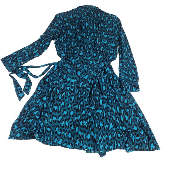 Diane Von Furstenberg Animal Print Dress XL Blue Cheetah Button Up Viscose Tie - Picture 14 of 15